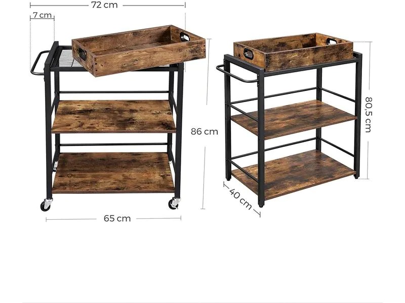 VASAGLE Bartrolley mit Tablett Metall / Holz, Schwarz