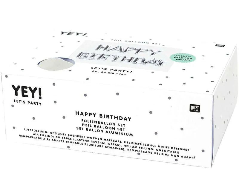 Rico Design Folienballon Happy Birthday Ø 36 cm, 13-teilig,  Silber