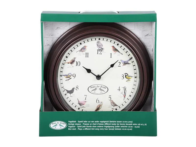 Esschert Design Wanduhr mit Vogelrufen Ø 30.1 cm, Braun/Weiss