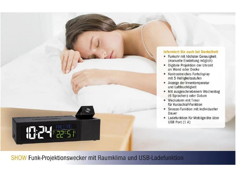 TFA Dostmann Funk-Projektionswecker Show mit Raumklima, Schwarz