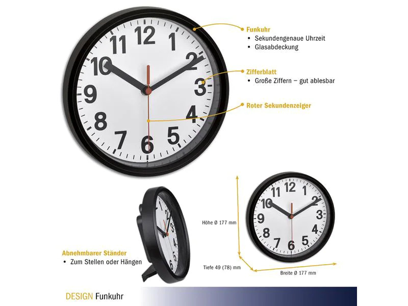 TFA Dostmann Funk-Wanduhr Analog Schwarz