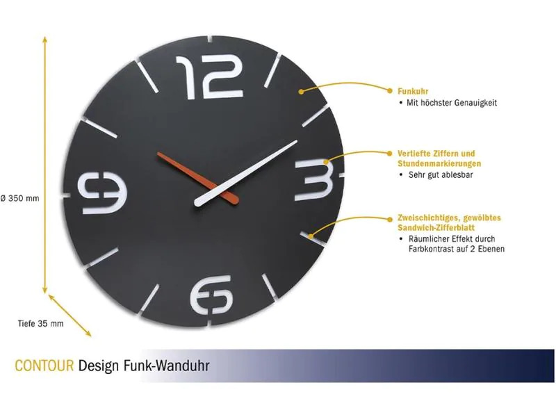 TFA Dostmann Funk-Wanduhr Contour Anthrazit, Ø 35 cm