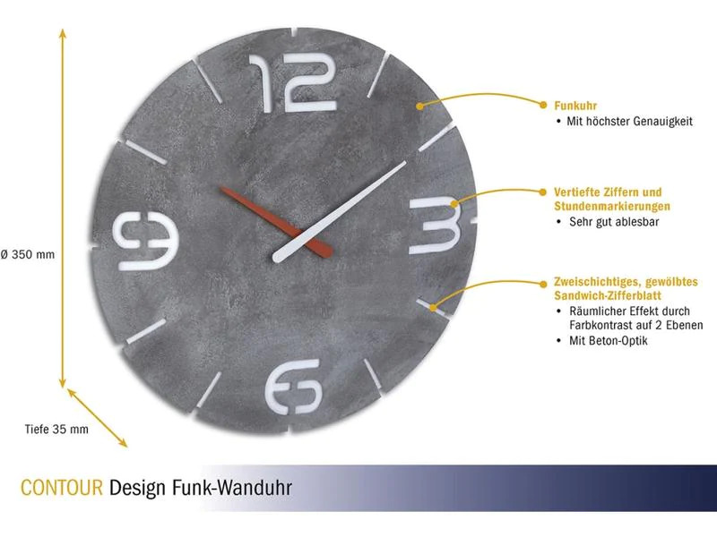 TFA Dostmann Funk-Wanduhr Contour Beton-Optik, Ø 35 cm