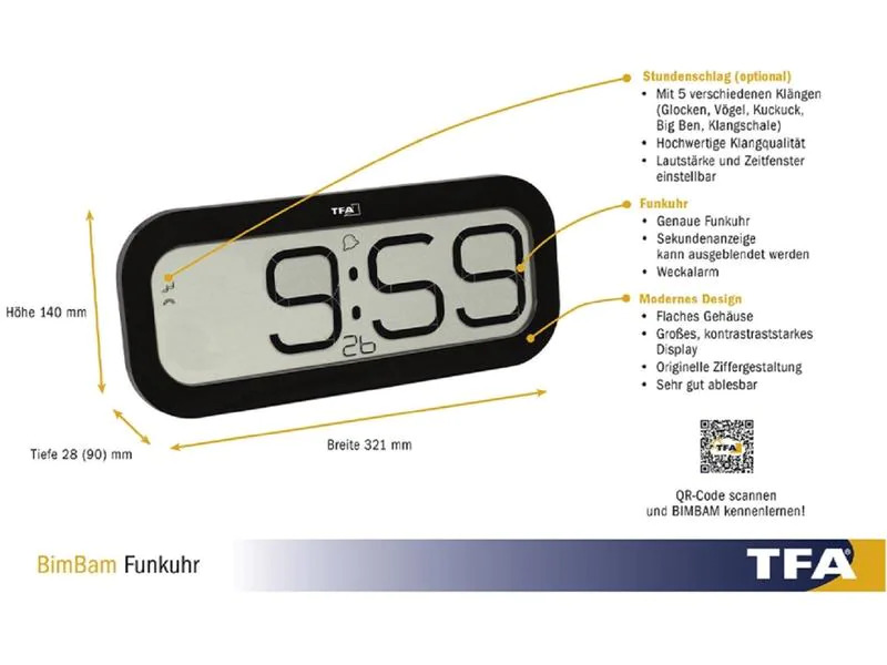 TFA Dostmann Funk-Wanduhr Digital Bimbam Schwarz