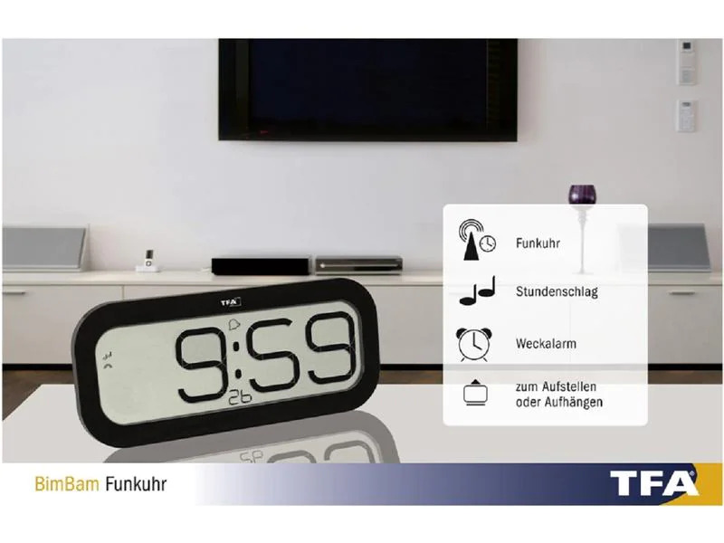 TFA Dostmann Funk-Wanduhr Digital Bimbam Schwarz