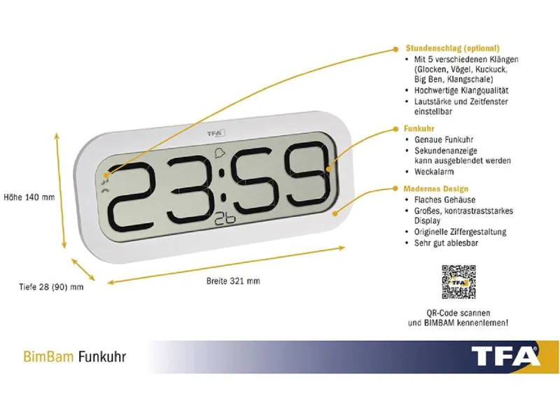 TFA Dostmann Funk-Wanduhr Digital Bimbam Weiss