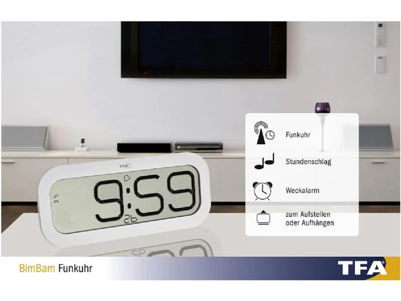 TFA Dostmann Funk-Wanduhr Digital Bimbam Weiss