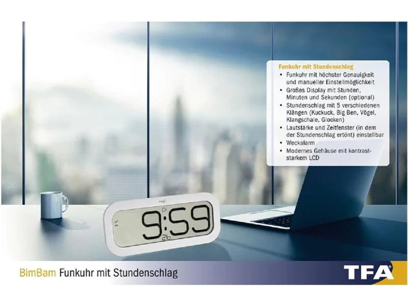 TFA Dostmann Funk-Wanduhr Digital Bimbam Weiss