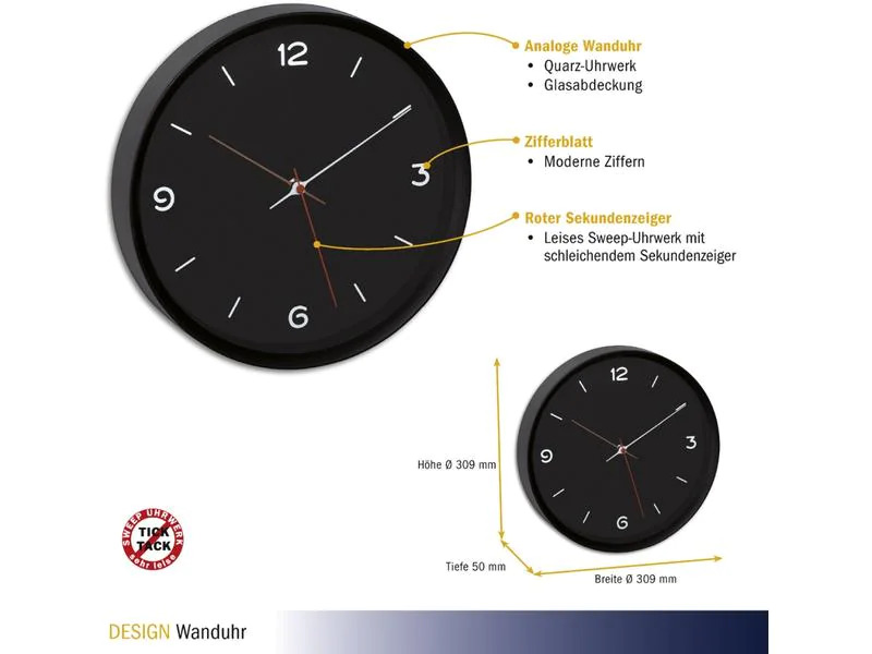 TFA Dostmann Wanduhr Analog Schwarz, Ø 30.9 cm