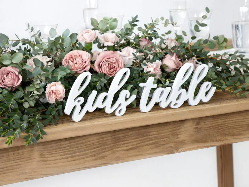 Partydeco Partyaccessoire Holzschrift Kids Table 38 x 10 cm, Weiss