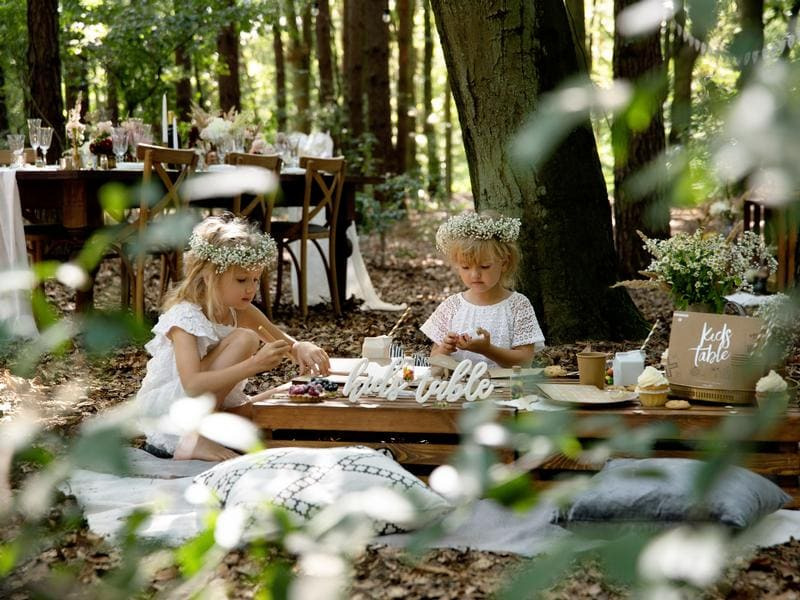 Partydeco Partyaccessoire Holzschrift Kids Table 38 x 10 cm, Weiss