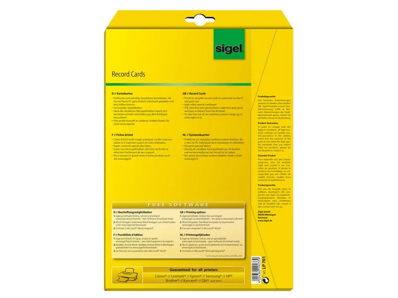 Sigel Karteikarten A7 (A4), 20 Blatt, 185 g, Weiss