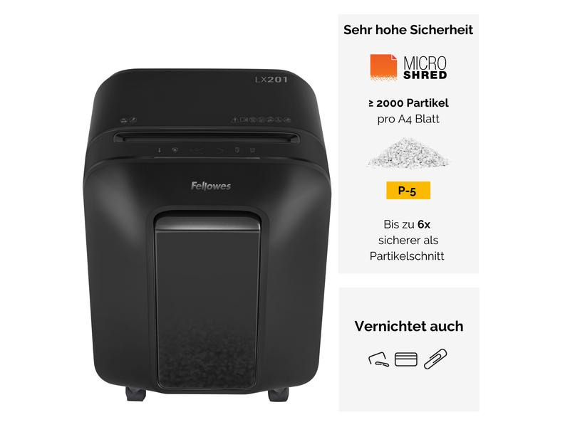 Fellowes Aktenvernichter LX201 P-5, 12 Seiten, Schwarz