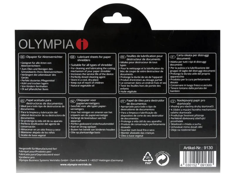 Olympia Ölpapier für Aktenvernichter Ölpapier, 12 Blatt  12 Stück