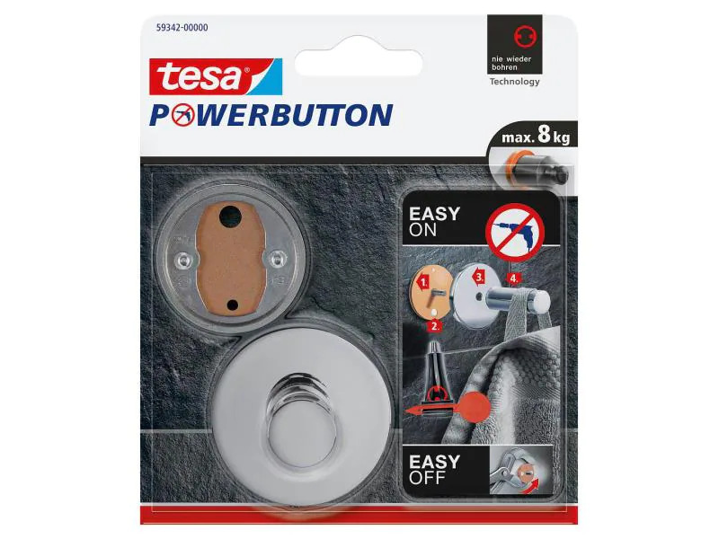 tesa Haken Powerbutton Premium Chrom, 8 kg