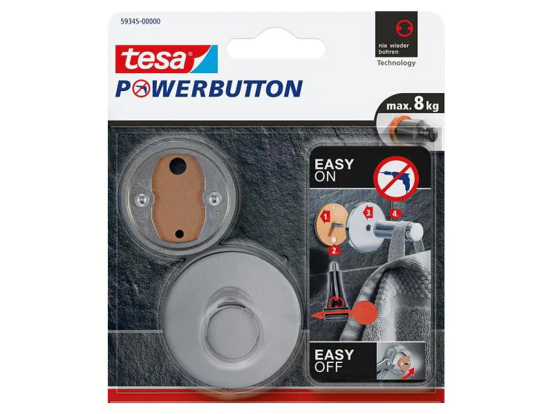 tesa Haken Powerbutton Premium Edelstahl, 8 kg