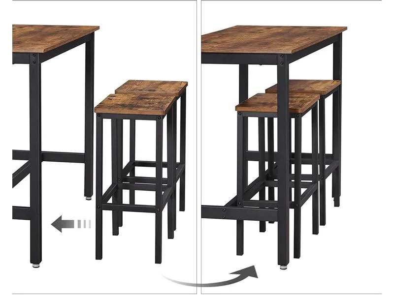 VASAGLE Bartisch mit 2 Hockern 120 x 90 cm, Braun/Schwarz