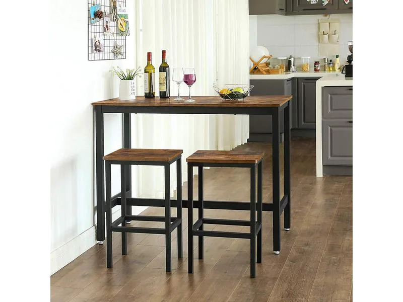 VASAGLE Bartisch mit 2 Hockern 120 x 90 cm, Braun/Schwarz