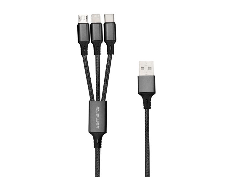 4smarts USB-Ladekabel USB-A – USB-C/MicroB/Lightning, 2.4A 20 cm