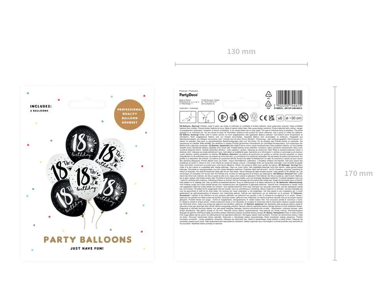 Partydeco Luftballon 18th! Birthday Schwarz/Weiss Ø 30 cm, 6 Stück