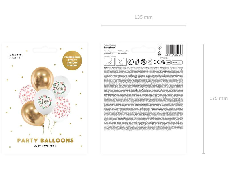 Partydeco Luftballon Love Gold/Weiss, Ø 30 cm, 6 Stück