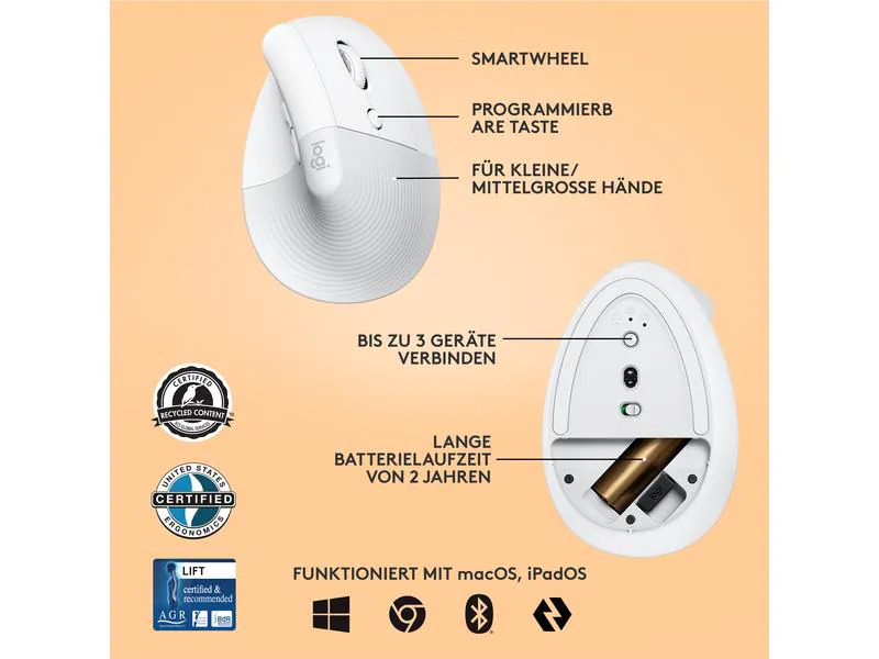 Logitech Ergonomische Maus Lift Off-white