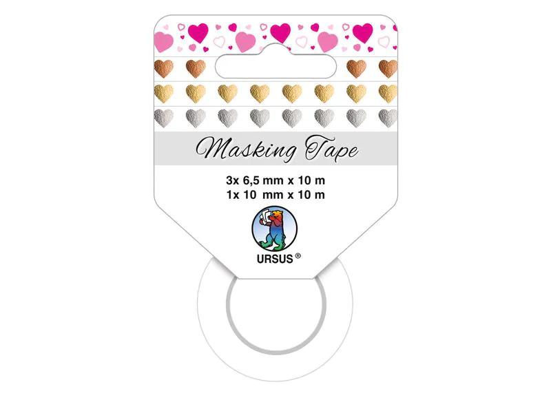 URSUS Washi Tape Herzen 4 Stück, Mehrfarbig