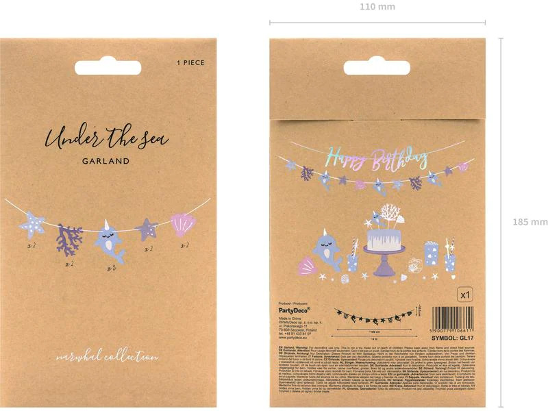 Partydeco Girlande Narwal 1 m, Blau/Rosa/Violett
