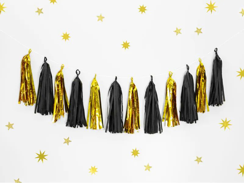 Partydeco Girlande Quasten 1.5 m, Gold/Schwarz