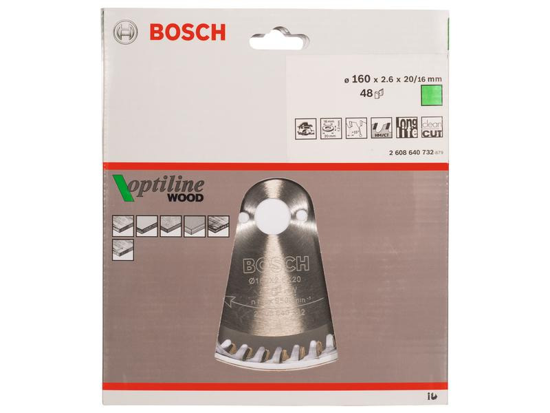 Bosch Professional Kreissägeblatt Optiline Wood, 16 cm x 2 cm x 0.26 cm, 48
