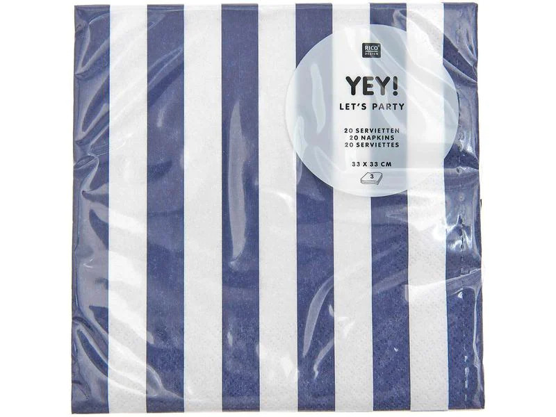 Rico Design Papierservietten Gestreift 33 x 33 cm, 20 Stück, Blau/Weiss