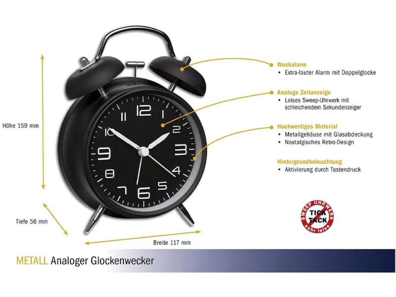 TFA Dostmann Elektronischer Wecker mit Doppelglocke, Schwarz