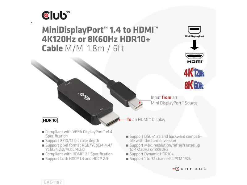 Club 3D Kabel CAC-1187 Mini-DisplayPort - HDMI, 1.8 m