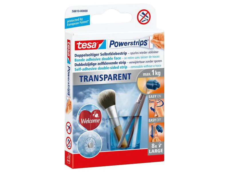 tesa Selbstklebestrip Powerstrips 8 Stück, Transparent, 1 kg