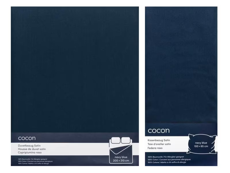 COCON Bettwäschegarnitur Satin 200 x 210 / 65 x 100, Marineblau