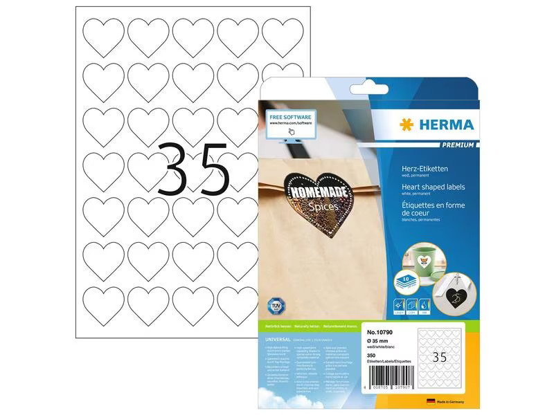 Herma Stickers Motivsticker Herzen Weiss, 10 Blatt mit je 35 Stickern