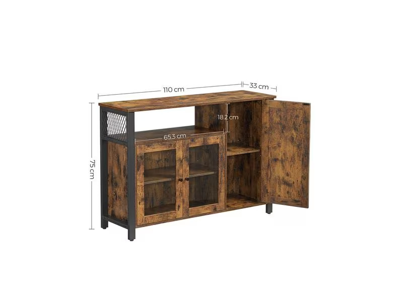 VASAGLE Kommode mit 3 Türen 110 x 75 cm, Braun/Schwarz