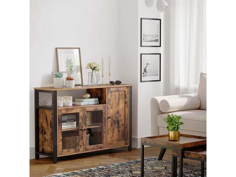 VASAGLE Kommode mit 3 Türen 110 x 75 cm, Braun/Schwarz