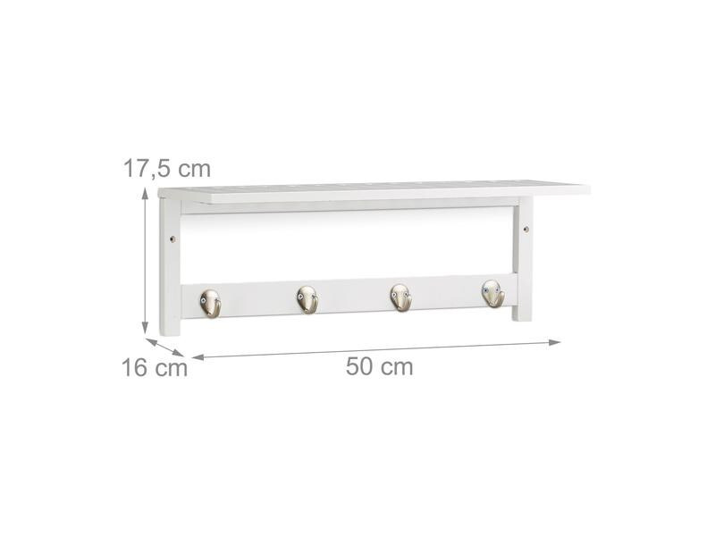 relaxdays Wandregal mit 4 Haken 50 cm x 17.5 cm, Weiss