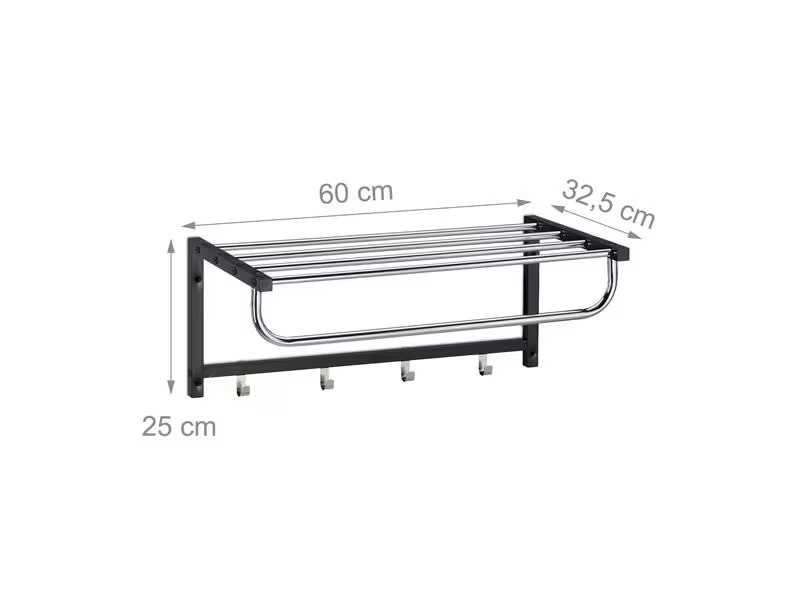 relaxdays Garderobenleiste mit Ablage 4 Haken, Schwarz/Silber