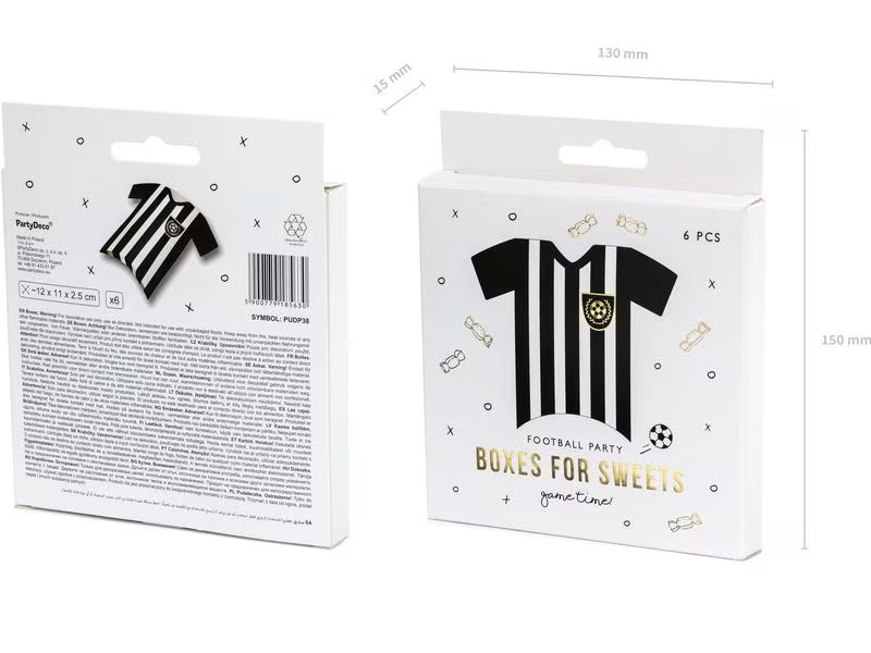 Partydeco Geschenkschachtel Fussballtrikot 6 Stück, Schwarz/Weiss