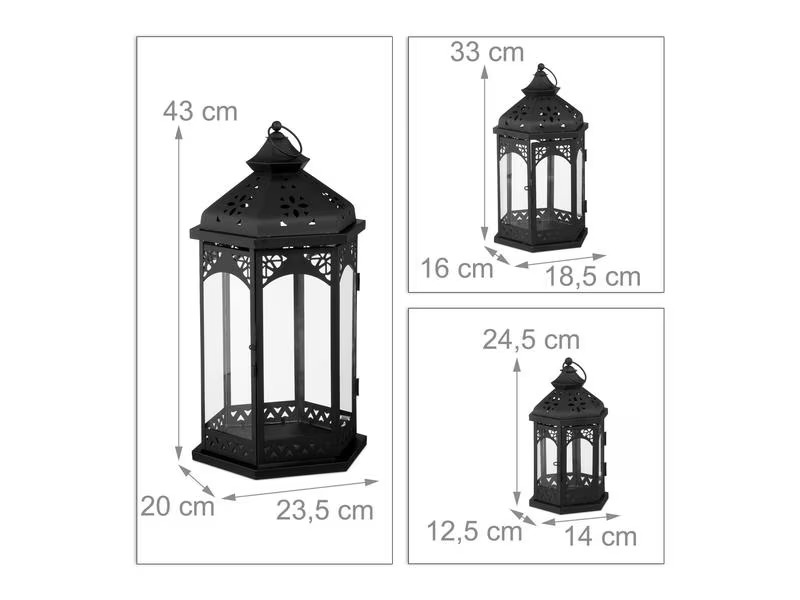 relaxdays Laterne Oriental 3 Stück, 24.5 cm/33 cm/43 cm, Schwarz