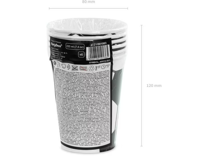 Partydeco Einwegbecher Fussball 260 ml, 6 Stück, Schwarz/Weiss