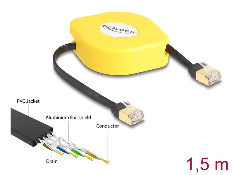 Delock Patchkabel Aufrollkabel Cat 6A, STP, 1.5 m, Gelb; Schwarz