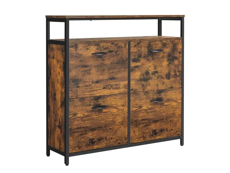 VASAGLE Schuhschrank  mit 4 Klappen 95 x 98.3 cm, Braun/Schwarz