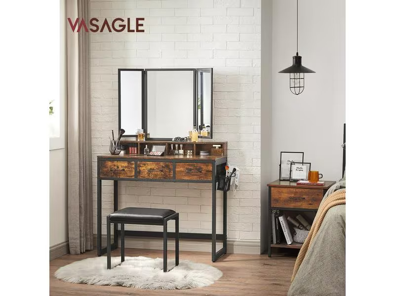 VASAGLE Schminktisch mit Hocker 90 x 141 cm, Braun/Schwarz