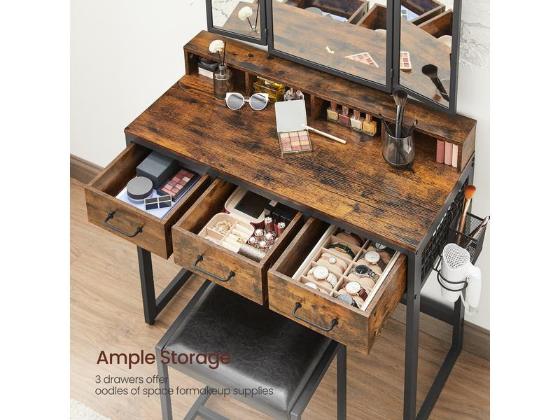 VASAGLE Schminktisch mit Hocker 90 x 141 cm, Braun/Schwarz