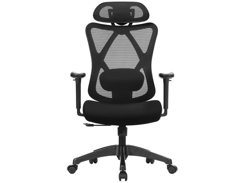 Songmics Bürostuhl mit Netzrücken, Kopfstütze und Armlehnen, Schwarz