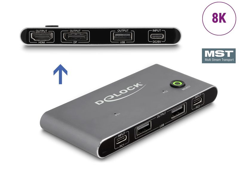 Delock KVM Switch USB-C zu HDMI und DisplayPort 8K MST mit USB 2.0