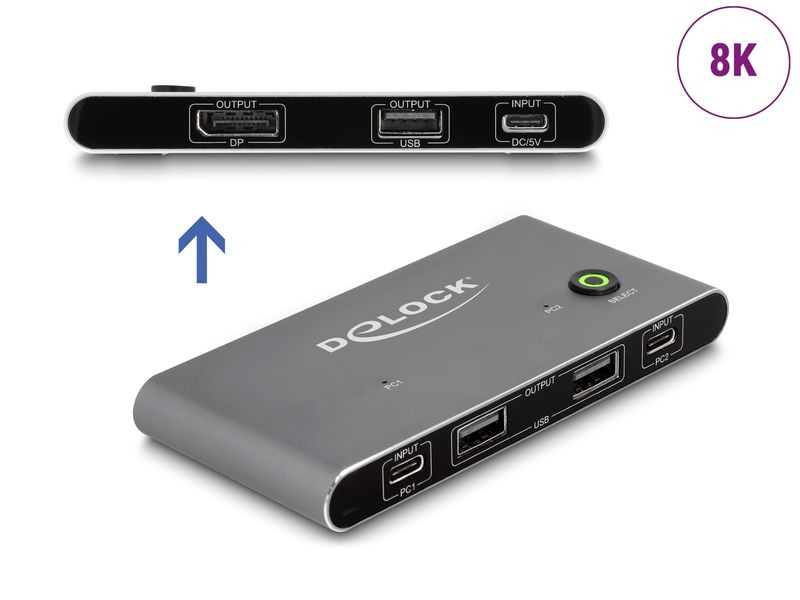 Delock KVM Switch USB-C zu DisplayPort 8K 30 Hz mit USB 2.0